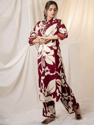 Indyancart IE Floral Printed Shirt Collar Sequinned Kurta with Trousers