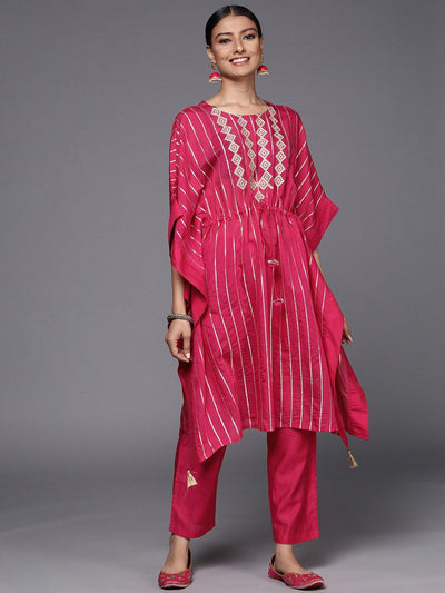 Indyancart VA Women's Pink Embroidered Chanderi Silk Kurta with Trousers