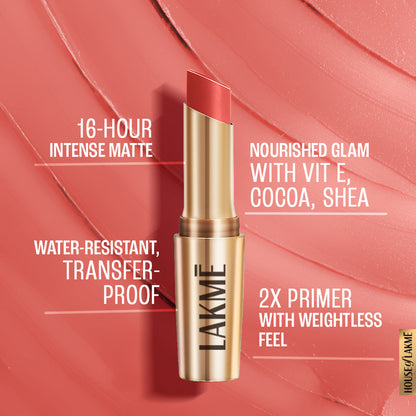 Lakme 9 To 5 Powerplay Priming Matte Lipstick in MR6 Coral Date, showcasing the vibrant coral lipstick shade on a model.