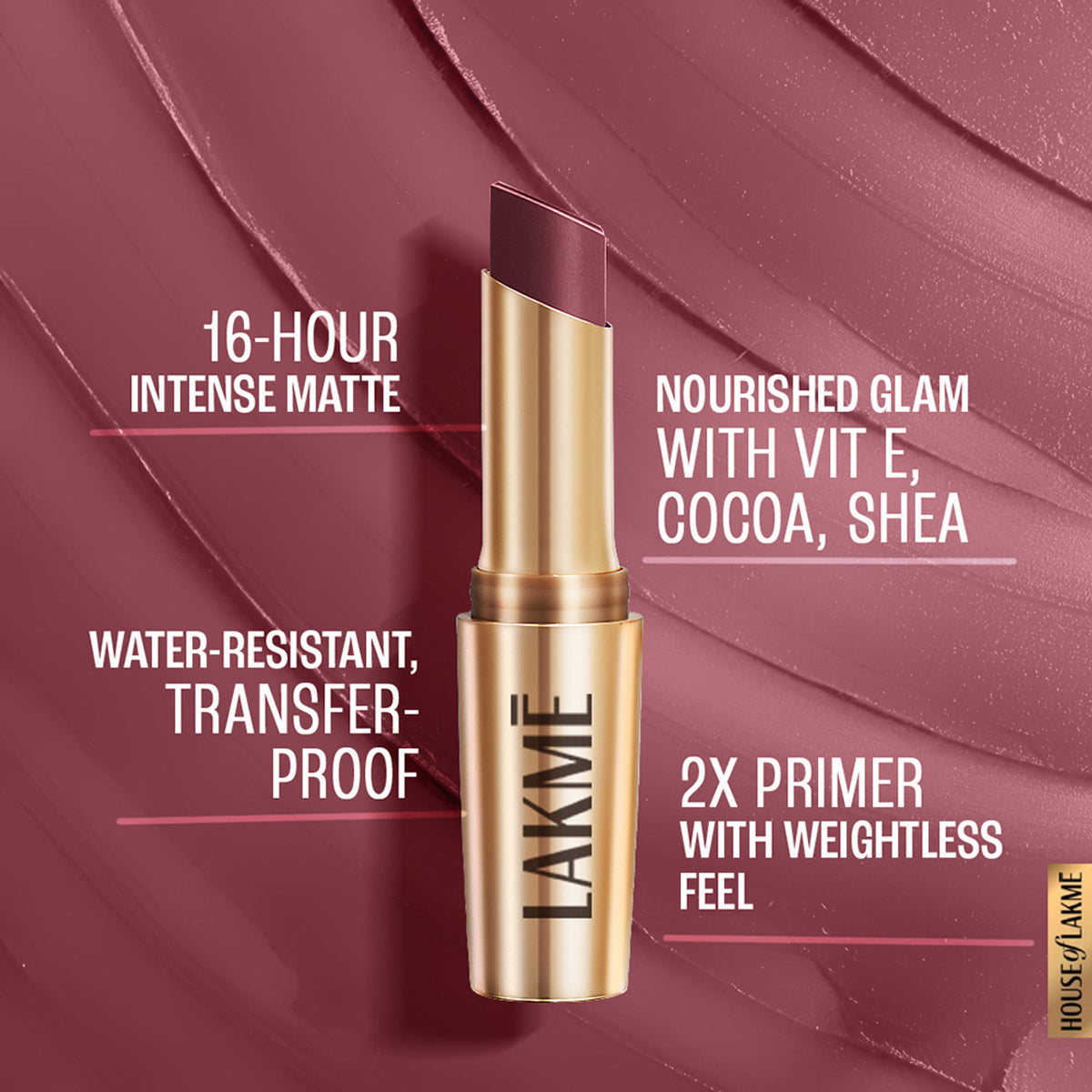 Lakme 9 To 5 Powerplay Priming Matte Lipstick in MP3 Pink Party, showing the lipstick tube and swatch on hand.