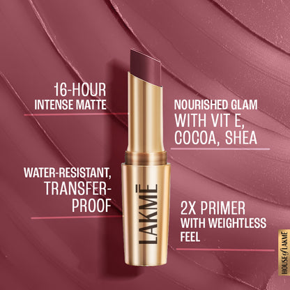 Lakme 9 To 5 Powerplay Priming Matte Lipstick in MP3 Pink Party, showing the lipstick tube and swatch on hand.