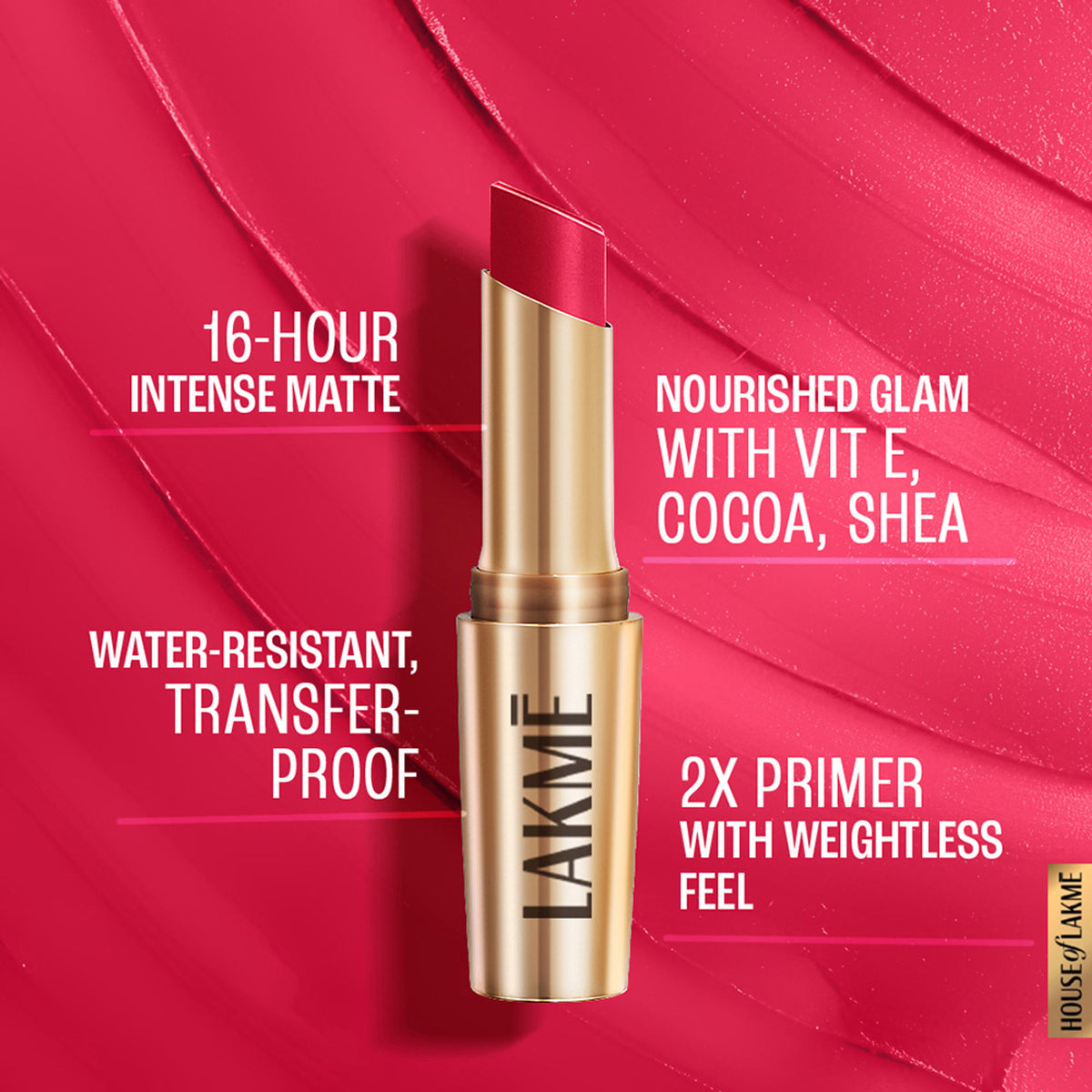 Lakme 9 To 5 Powerplay Priming Matte Lipstick in Scarlet Surge, showing vibrant red lipstick swatch on hand.