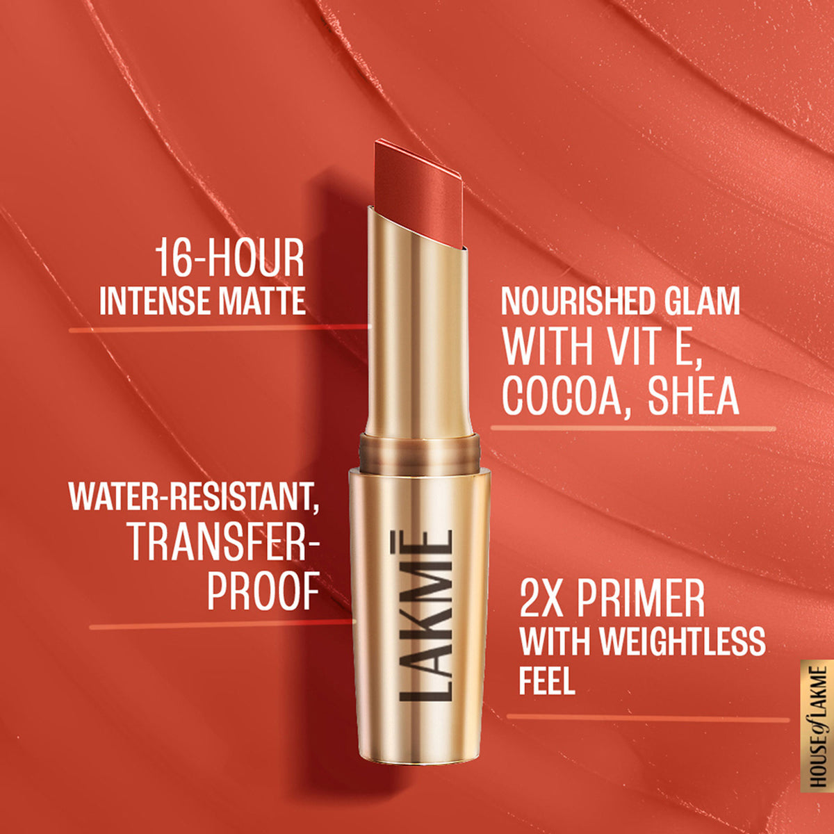 Lakme 9 To 5 Powerplay Priming Matte Lipstick in Brick Blush, showcasing the warm brick red lipstick shade and sleek packaging.
