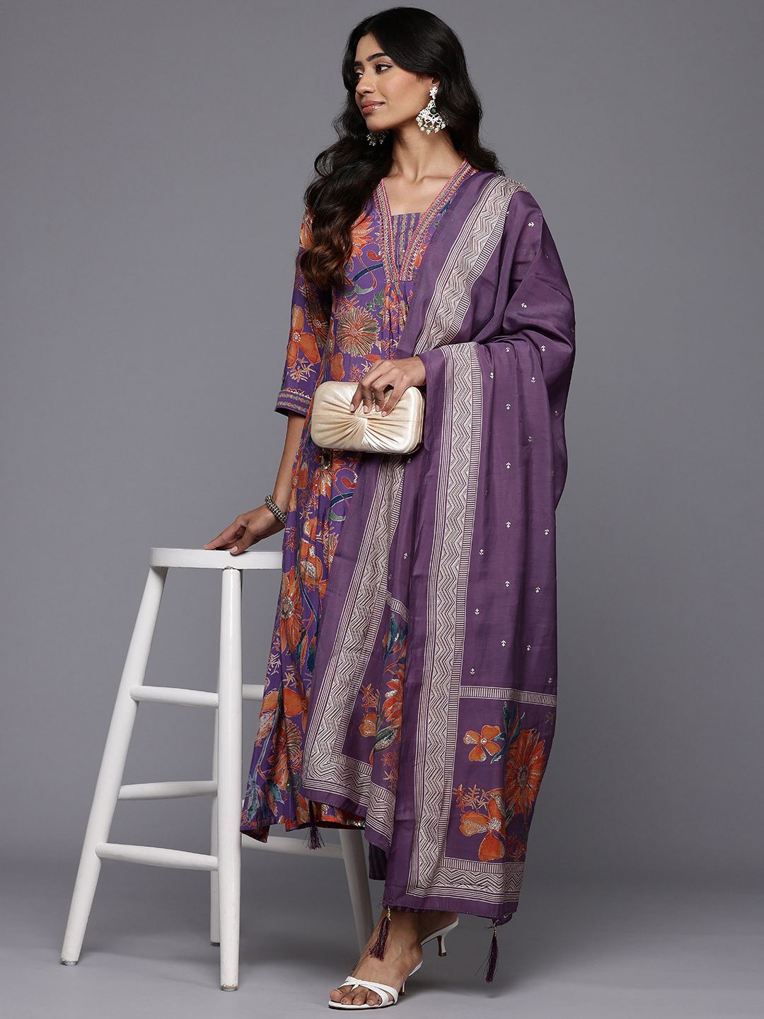 Dhiyona VA Women'sFloral Printed Pleated Sequinned Kurta With Trousers & Dupatta