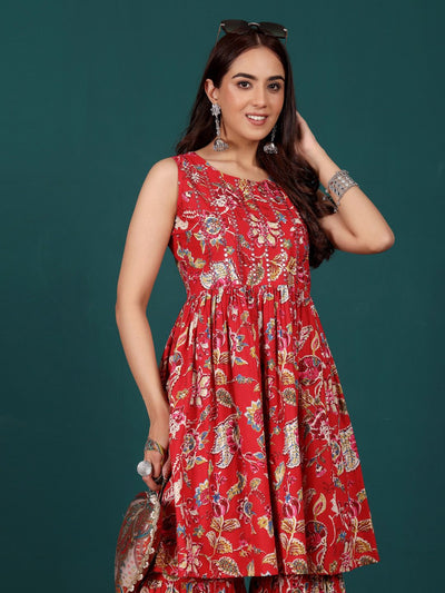 Indyancart VA Women's Floral Printed Regular Thread Work Pure Cotton Kurta with Sharara