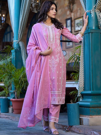 Indyancart VA Women'sFloral Printed Regular Miirror Work Pure Cotton Kurta With Trouser & Dupatta