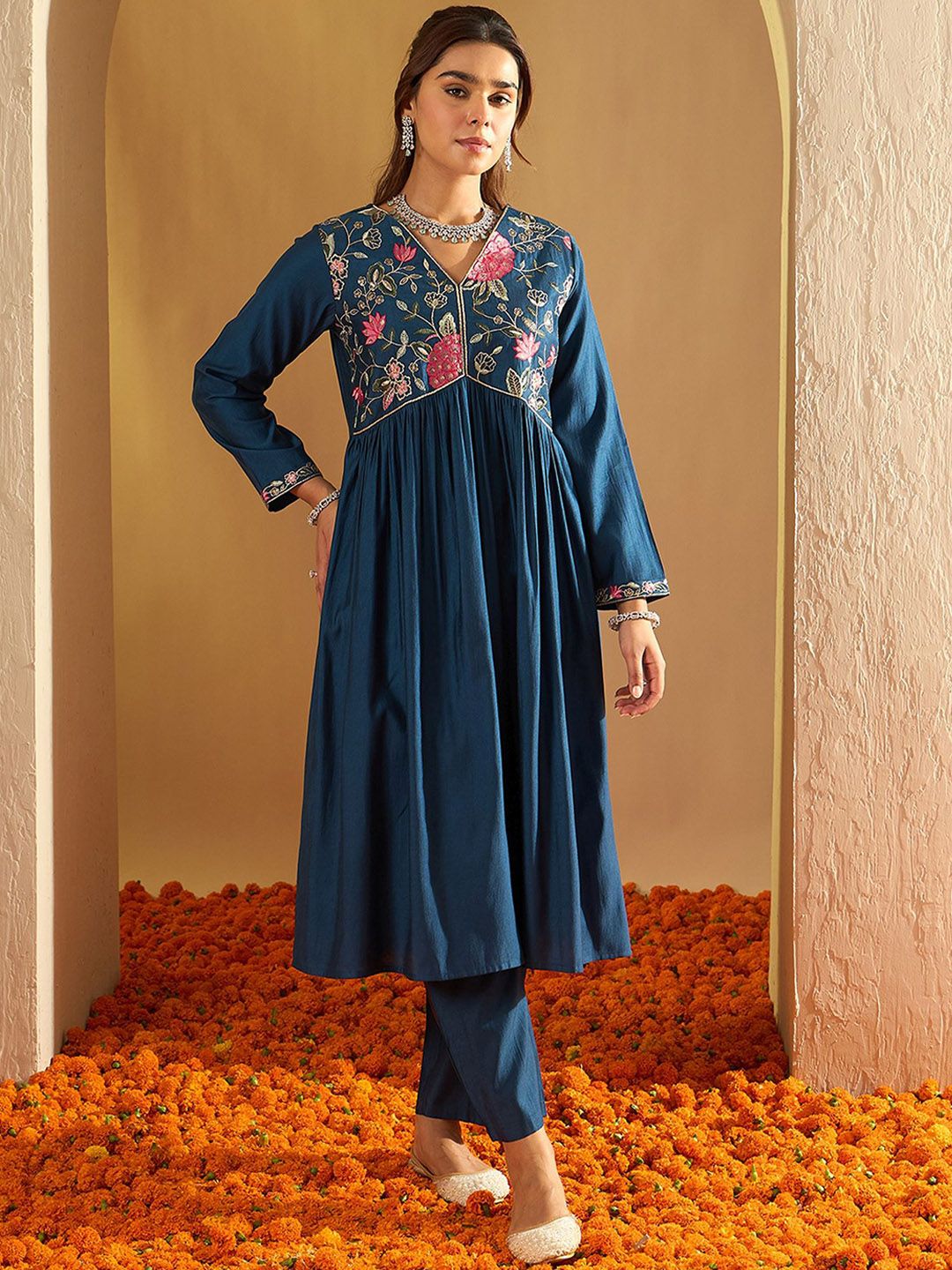 Indyancart IE Floral Embroidered Three-Quarter Sleeves Liva Tunic With Trouser