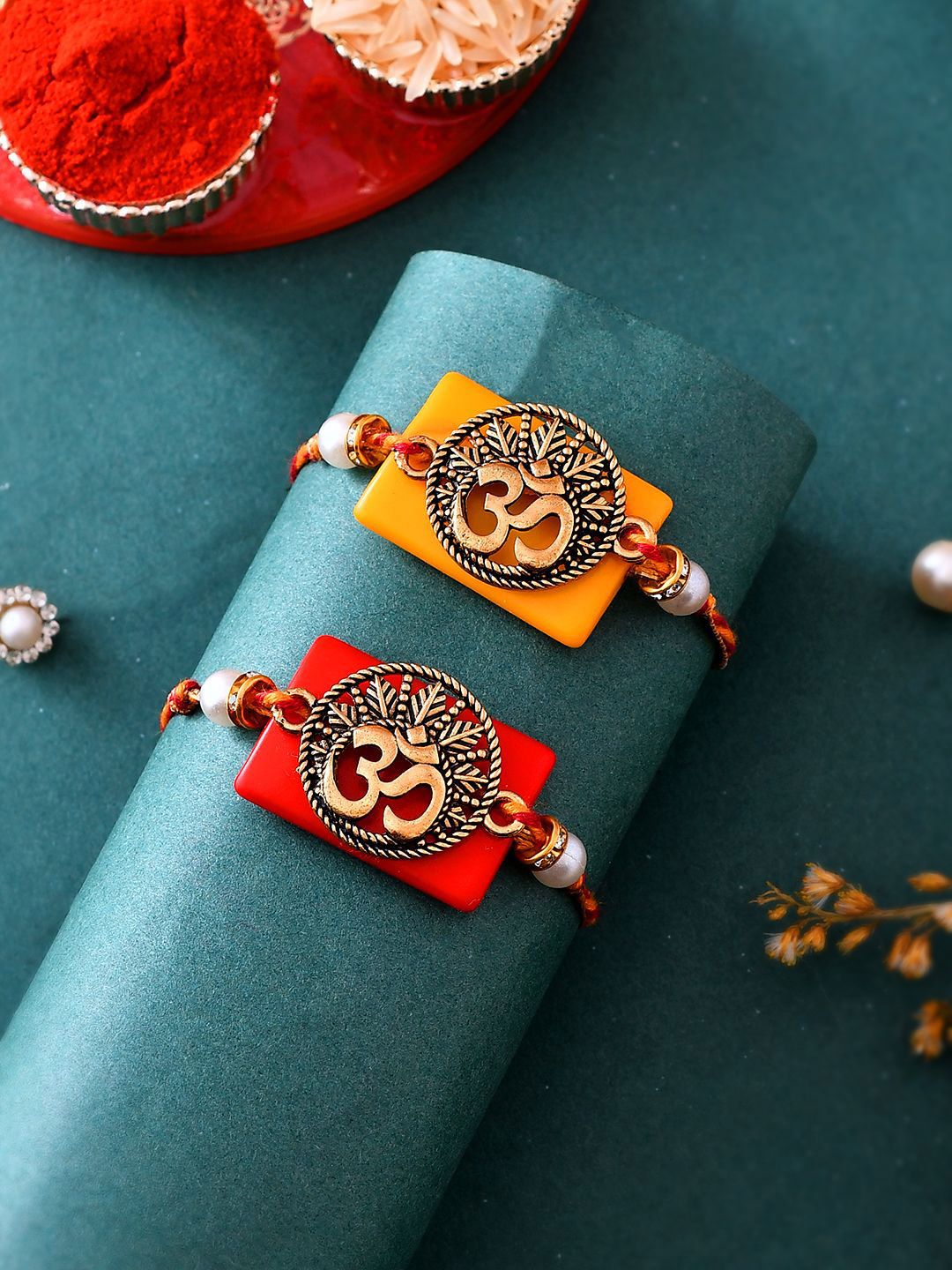 Anouk Gold Toned Set Of 2 Om Charm Thread Rakhis With Roli Chawal & Greeting Card
