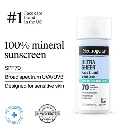 Neutrogena Ultrasheer Mineral Sunscreen SPF70 PA++++ Vitamin E, UVA & UVB, For Sensitive Skin