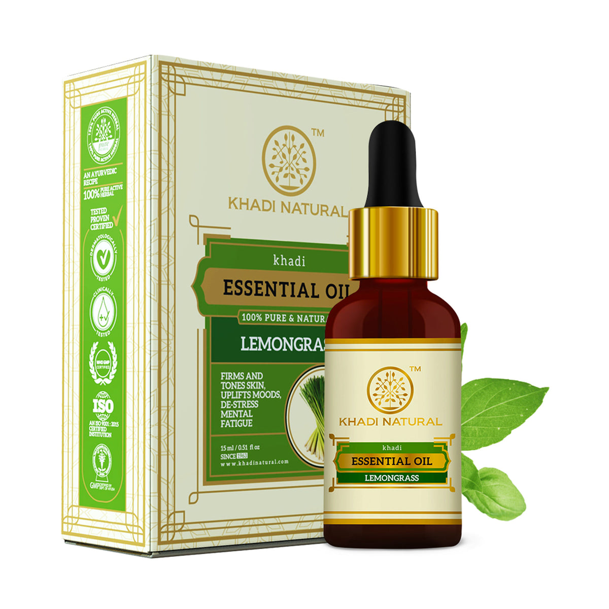 Khadi Natural Lemongrass Essential Oil bottle, natural skin toner, with fresh lemongrass leaves and herbal packaging.