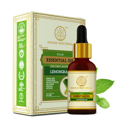 Khadi Natural Lemongrass Essential Oil bottle, natural skin toner, with fresh lemongrass leaves and herbal packaging.