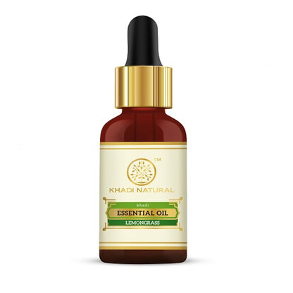 Khadi Natural Lemongrass essential oil bottle with dropper, used for firming and toning skin in natural skincare routines.