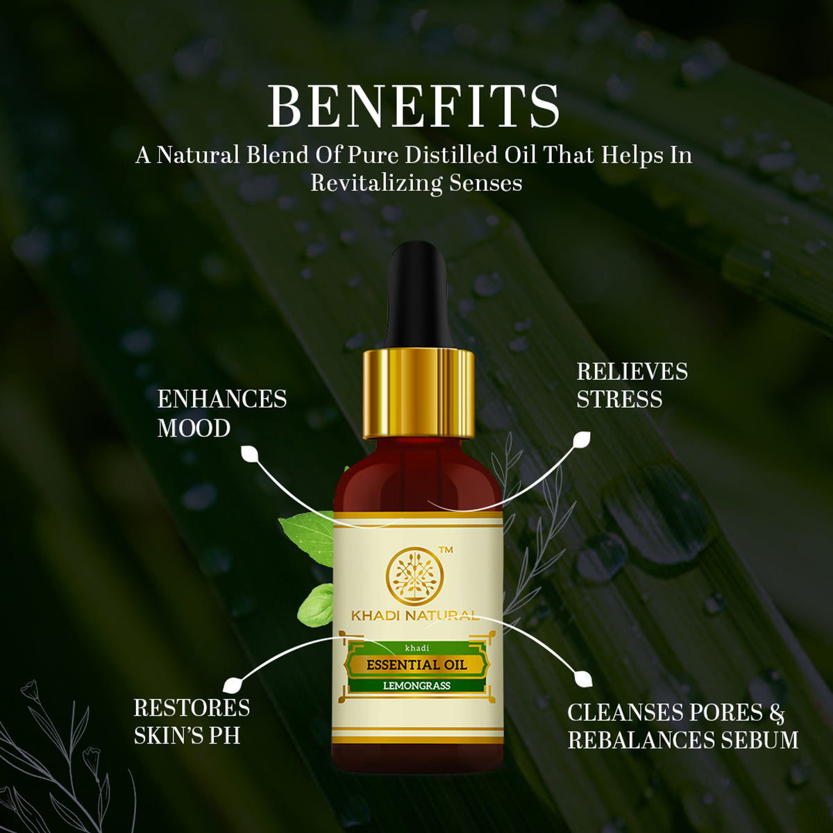 Khadi Natural Lemongrass Essential Oil bottle, natural skincare product for firming and toning skin, with fresh lemon grass scent.