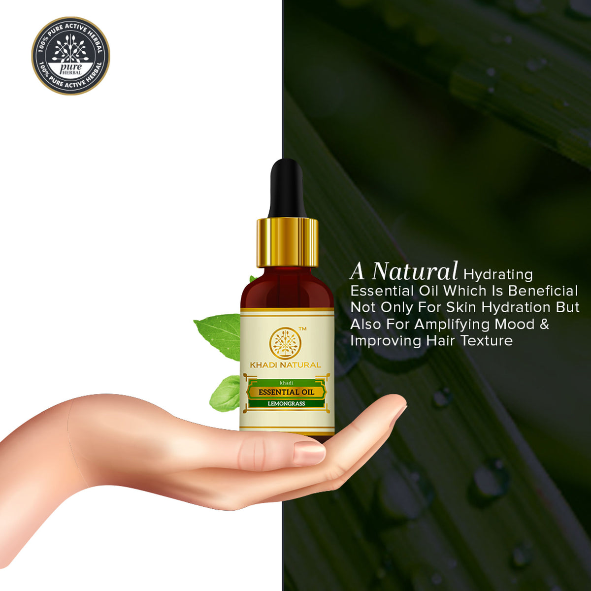 Khadi Natural Lemongrass Essential Oil bottle with dropper, used for firming and toning skin, natural skincare product