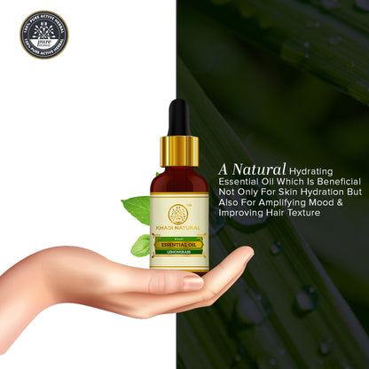 Khadi Natural Lemongrass Essential Oil bottle with dropper, used for firming and toning skin, natural skincare product