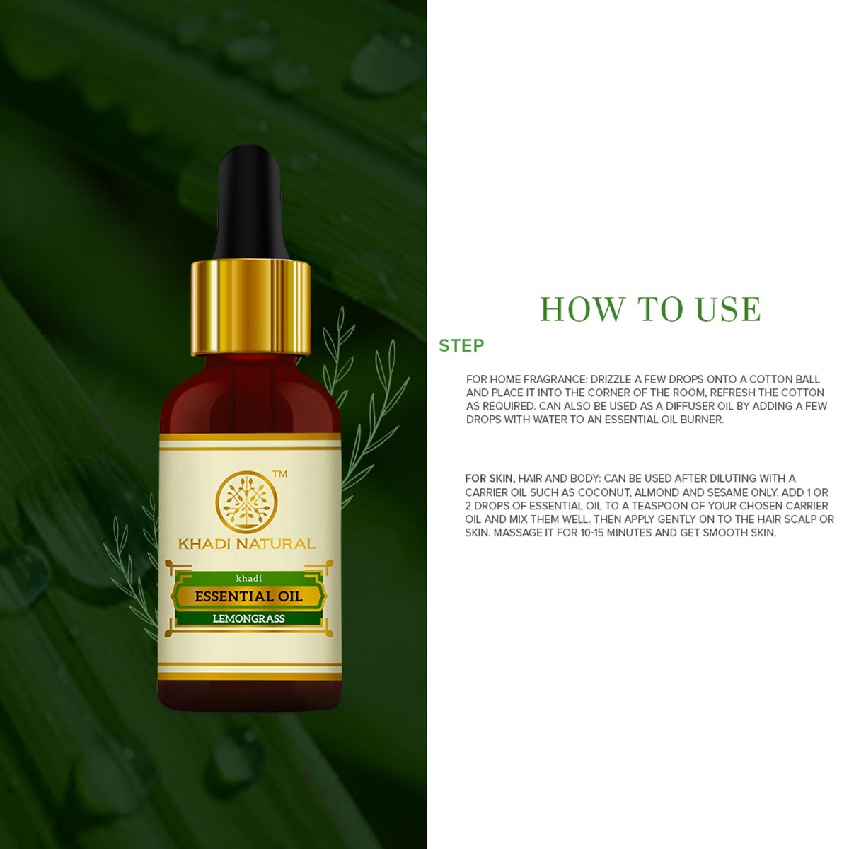 Khadi Natural lemongrass essential oil bottle with dropper for skin firming and toning, placed on a white background.