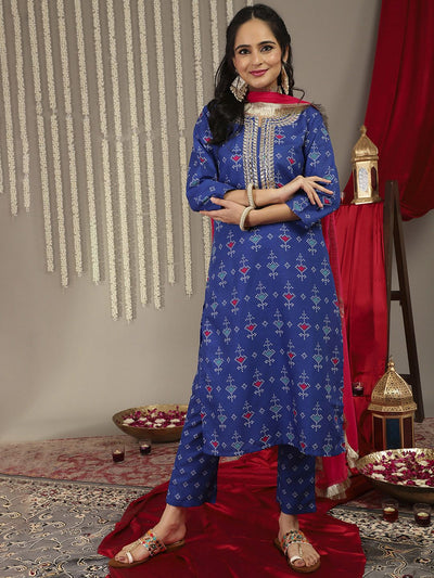 Indyancart VA Women's Blue Bandhani Printed Gotta Patti Kurta with Trousers & Dupatta
