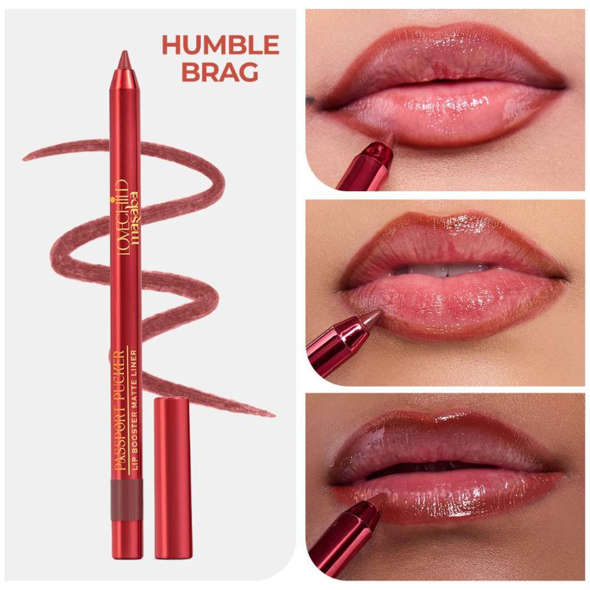 LoveChild Masaba Passport Pucker Matte Lip Liner in Humble Brag, showing the brown pencil with the product packaging and swatch.