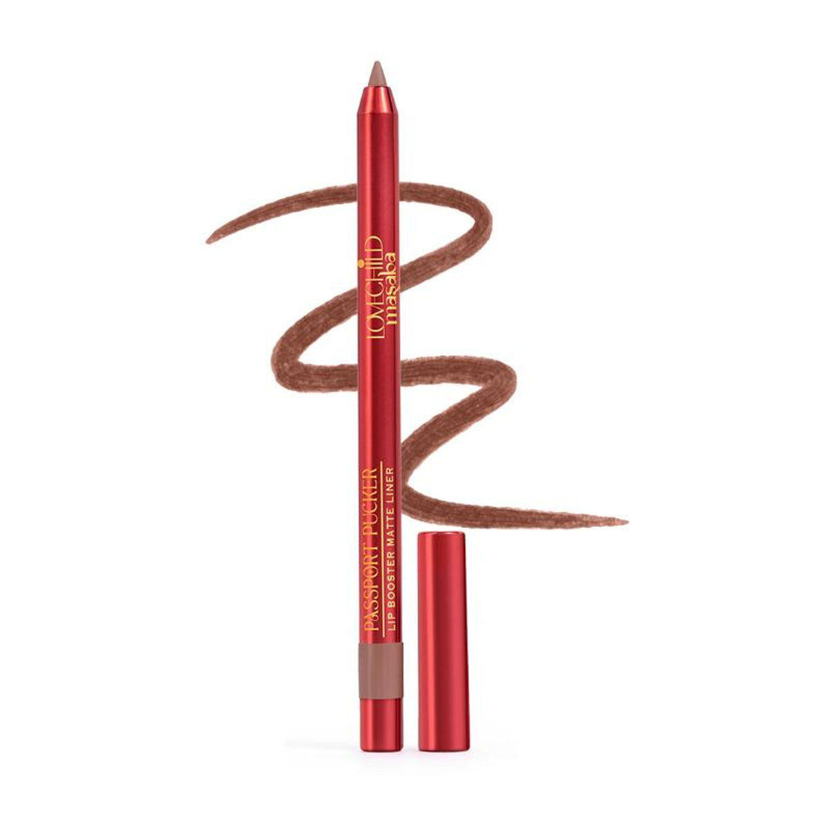 LoveChild Masaba Passport Pucker Matte Lip Liner displayed in a close-up shot, highlighting its sleek design and rich matte finish.