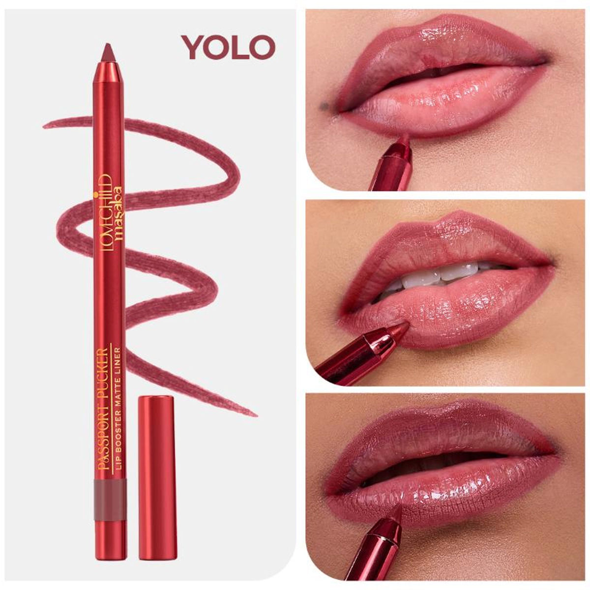 LoveChild Masaba Passport Pucker Matte Lip Liner in Yolo, close-up of the brown lip liner pencil with product label.