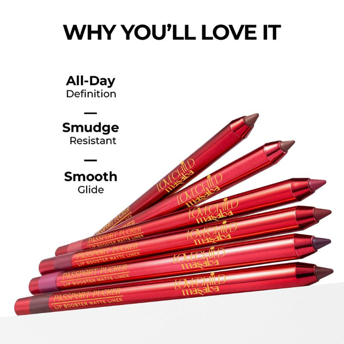LoveChild Masaba Passport Pucker Matte Lip Liner in Yolo, close-up of the brown lip liner pencil with the product packaging.