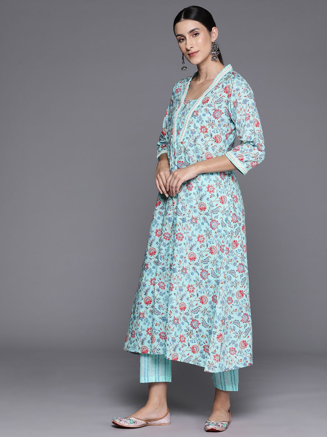Indyancart VA Women's Floral Printed Empire Mirror Work Cotton Kurta with Trousers & With Dupatta