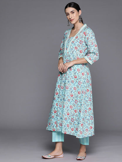 Indyancart VA Women's Floral Printed Empire Mirror Work Cotton Kurta with Trousers & With Dupatta