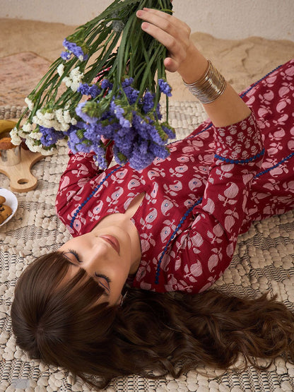 Dhiyona IE Paisley Printed Pure Cotton Notch Neck Straight Tunic And Trousers