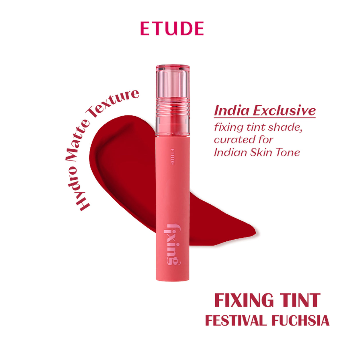 ETUDE Fixing Tint in Festival Fuchsia showcasing vibrant pink lip color with smooth, glossy finish on model's lips.