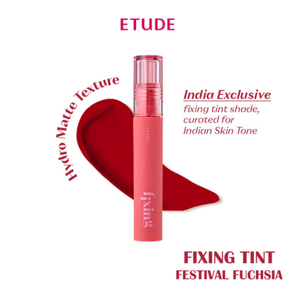 ETUDE Fixing Tint in Festival Fuchsia showcasing vibrant pink lip color with smooth, glossy finish on model's lips.