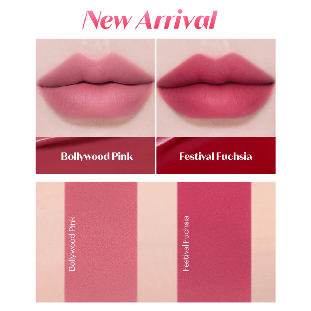 ETUDE Fixing Tint in Festival Fuchsia applied on lips, showcasing vibrant pink color and smooth, glossy finish.