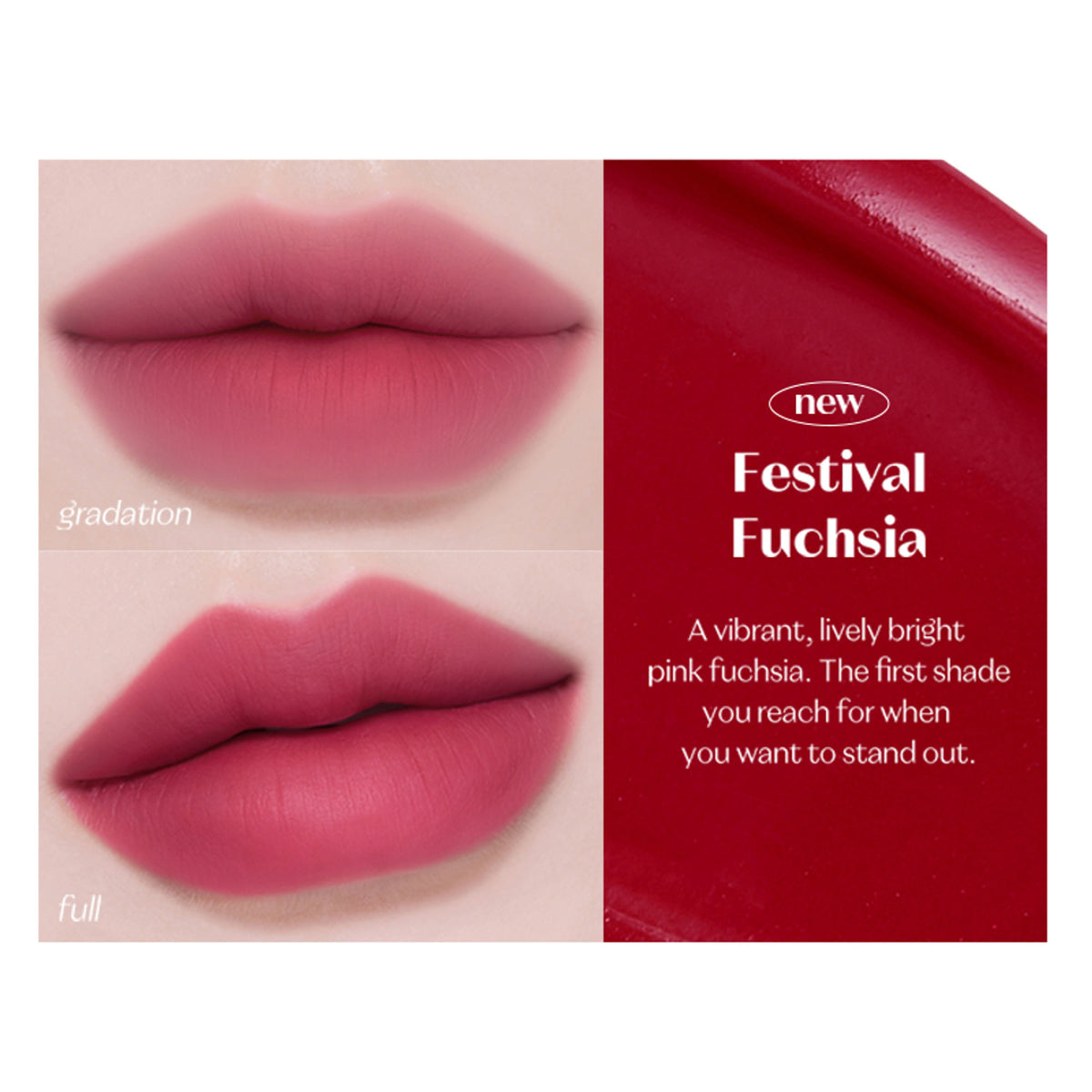 ETUDE Fixing Tint in Festival Fuchsia applied on lips, vibrant pink shade with a glossy finish, showcasing the product's color and texture.
