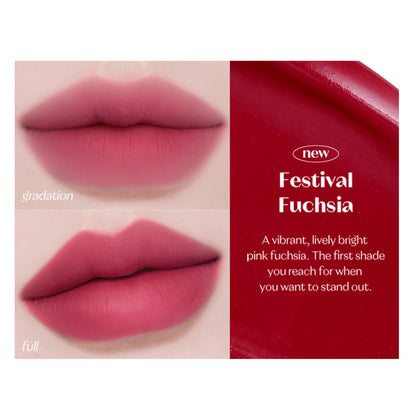 ETUDE Fixing Tint in Festival Fuchsia applied on lips, vibrant pink shade with a glossy finish, showcasing the product's color and texture.