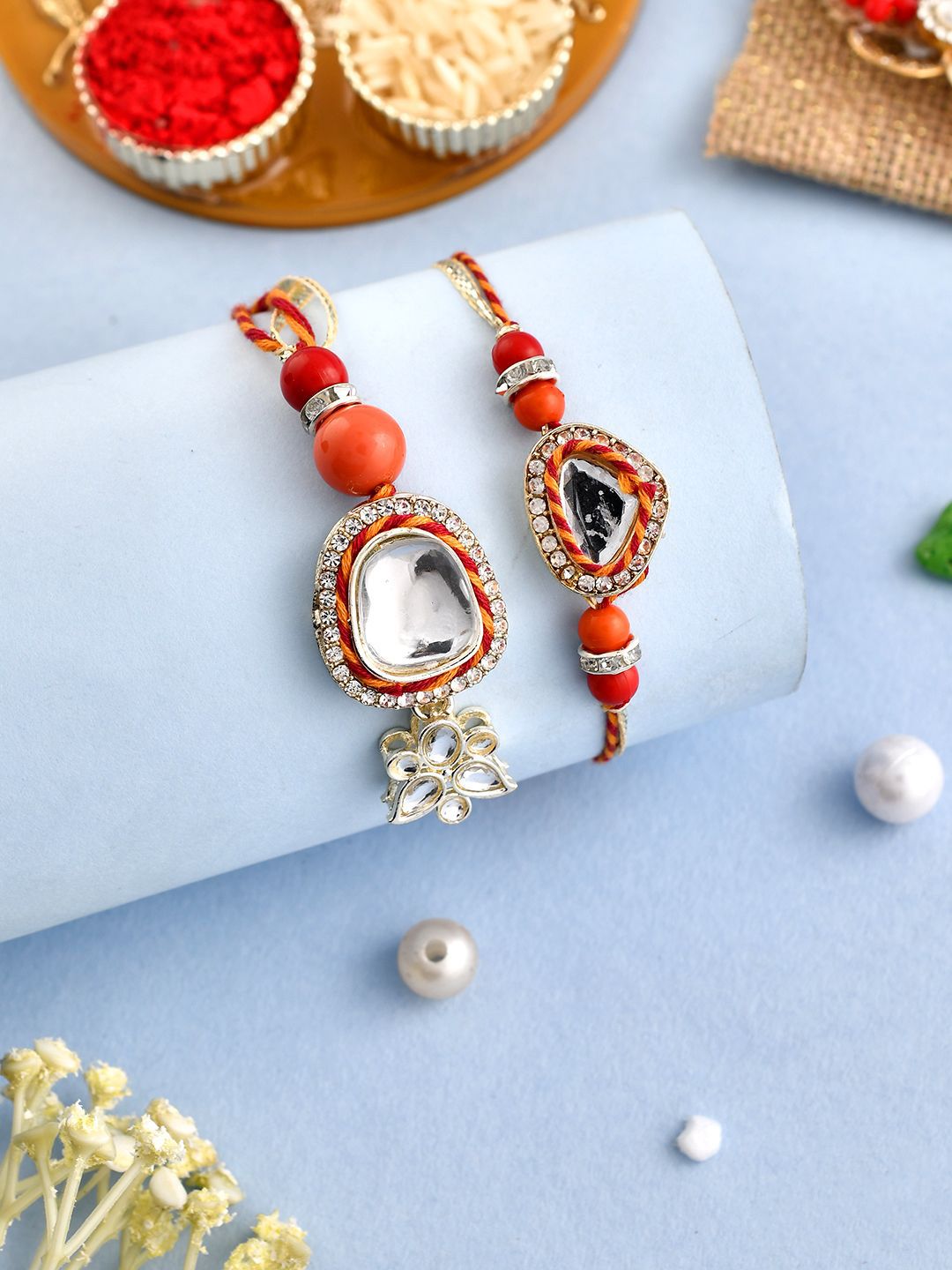 Anouk Red Stone Studded & Beaded Bhaiya Bhabhi Rakhis With Roli Chawal & Greeting Card