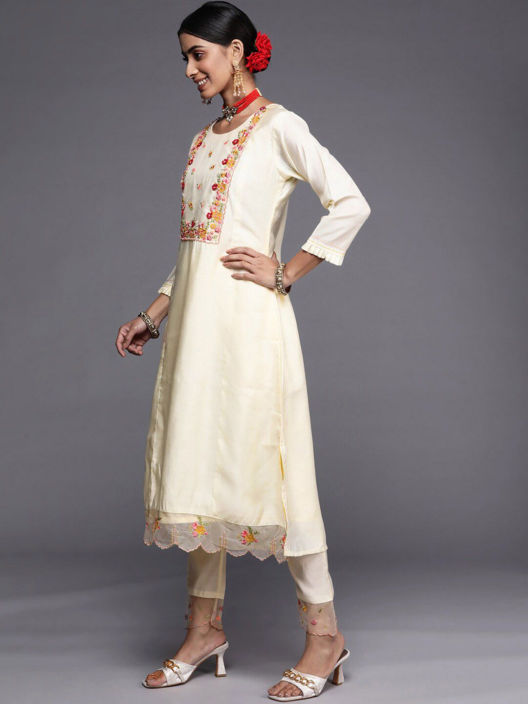 Dhiyona IE Floral Embroidered A-Line Chanderi Cotton Kurta with Trousers & Dupatta