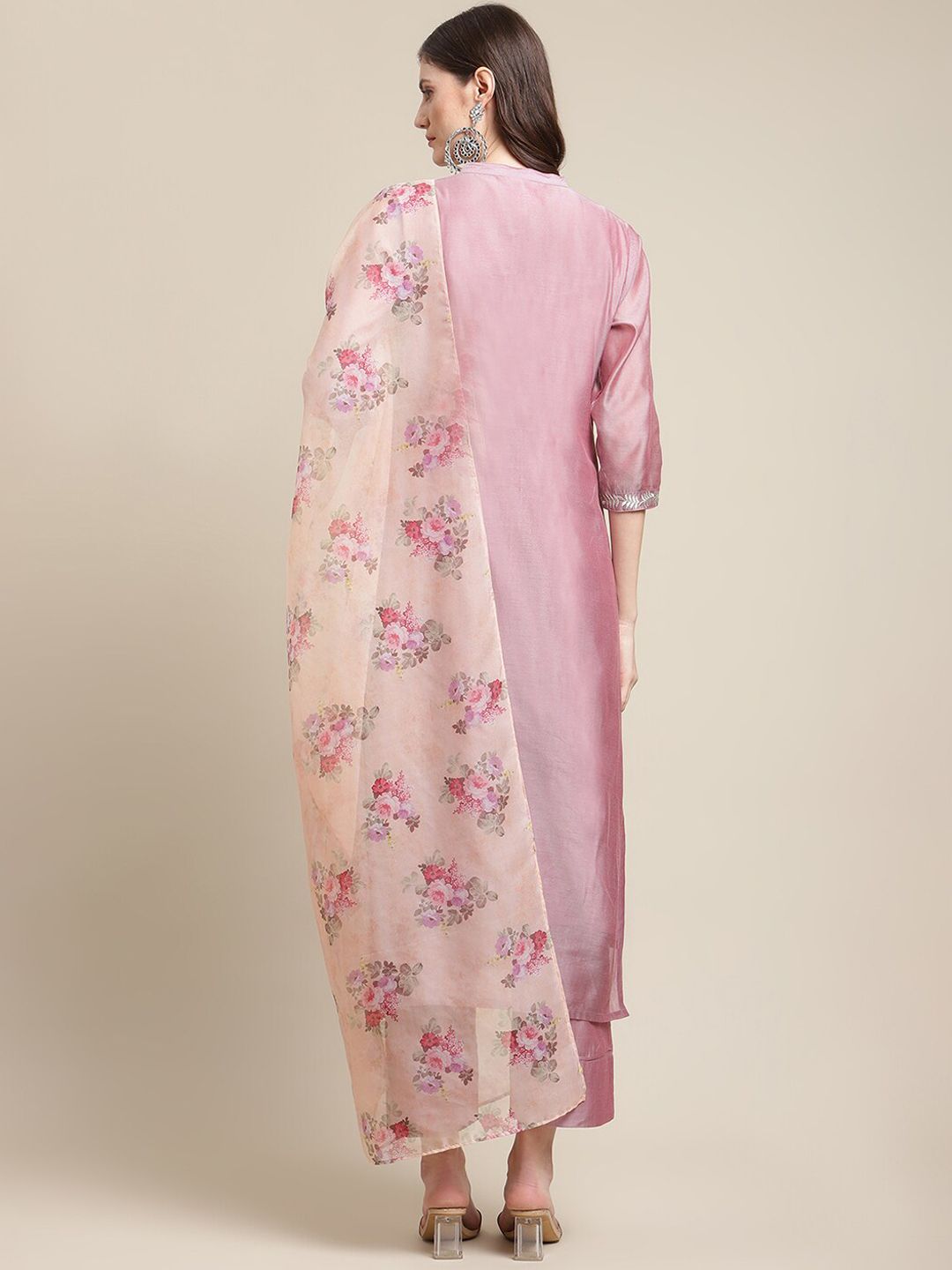 Indyancart VA Women's Mauve Floral & Peach Yoke Design Chanderi Silk Kurta Set