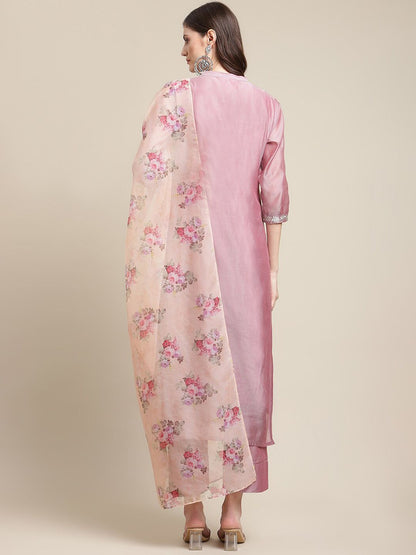 Indyancart VA Women's Mauve Floral & Peach Yoke Design Chanderi Silk Kurta Set