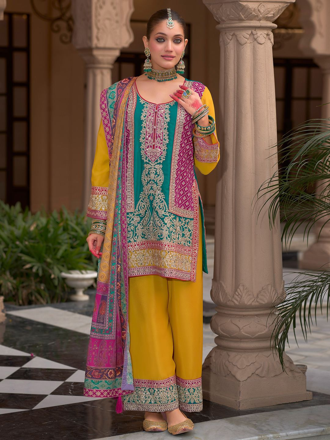Indyancart IE Floral Embroidered Round Neck Mirror Work Kura With Palazzos & Dupatta