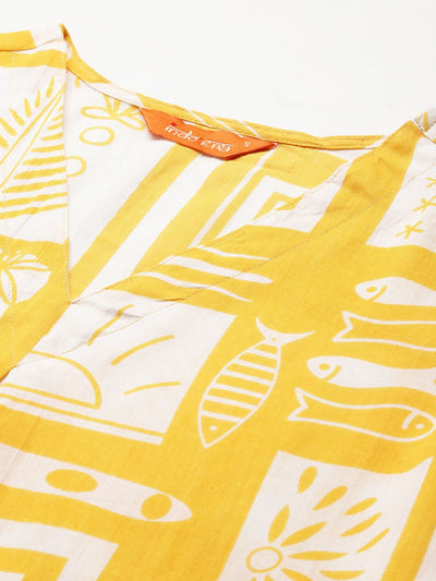 Indyancart IE Geometric Printed Pleated Pure Cotton Kurta with Trousers