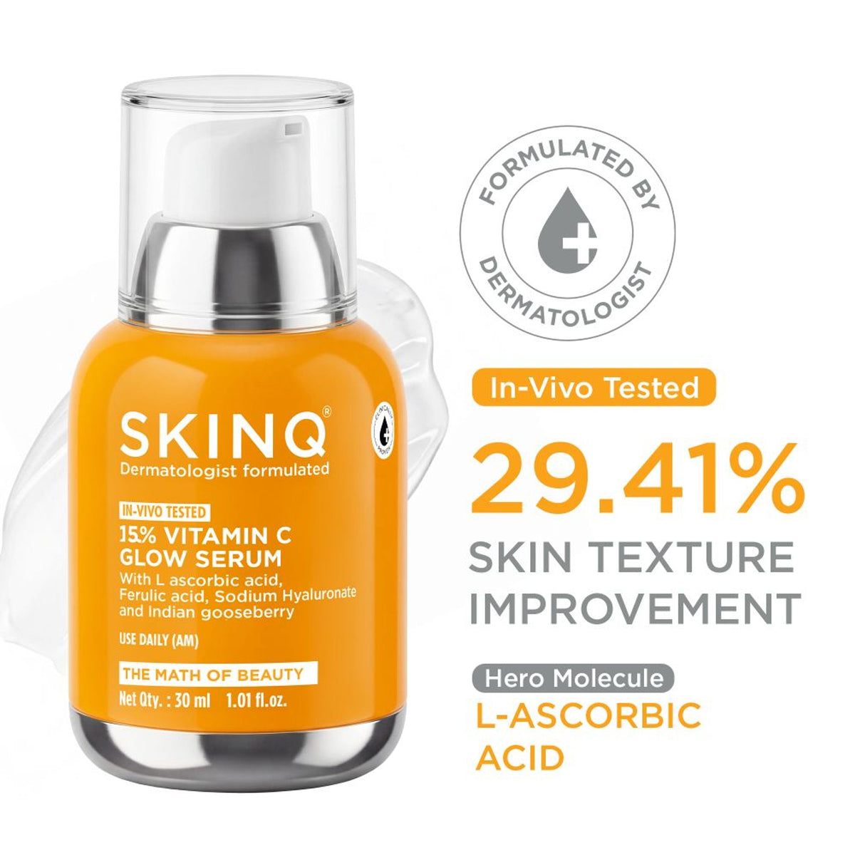 SKINQ 15% Vitamin C Glow Serum with L Ascorbic & Ferulic Acid, Reduces Tan & Brightens Skin