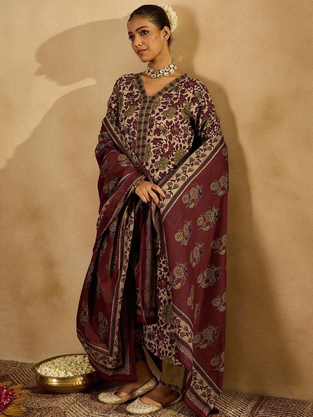 Indyancart IE Floral Printed Regular Pure Cotton Straight Kurta With Trousers & Dupatta