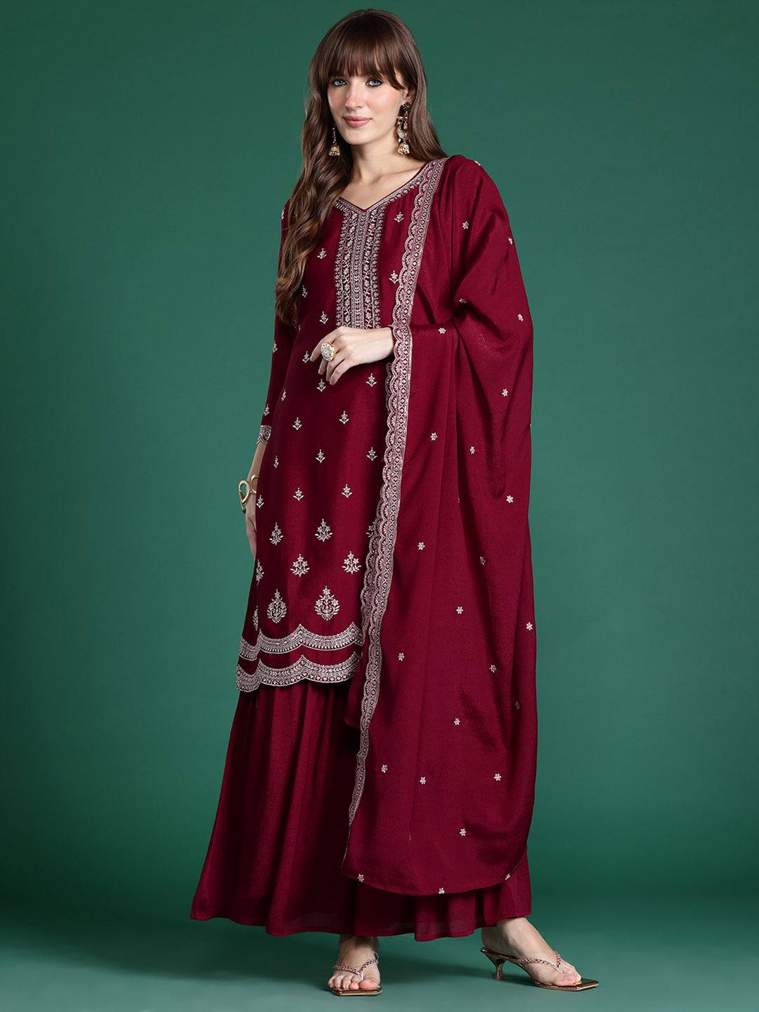 Indyancart IE Ethnic Motifs Embroidered Kurta with Sharara & Dupatta