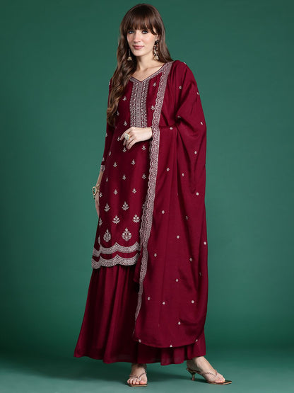 Indyancart IE Ethnic Motifs Embroidered Kurta with Sharara & Dupatta
