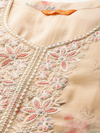 Indyancart IE Floral Embroidered Sequinned Linen Kurta with Trousers & With Dupatta