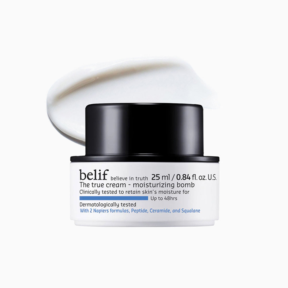 belif Moisturizing Bomb Cream vegan Korean face cream with ceramides and peptides for barrier repair, shown in a jar with a lid