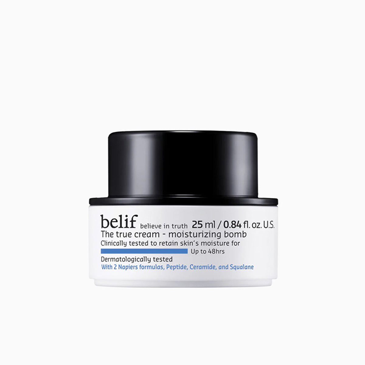 belif Moisturizing Bomb Cream with ceramides and peptides, vegan Korean face cream for barrier repair, shown in a jar with product label