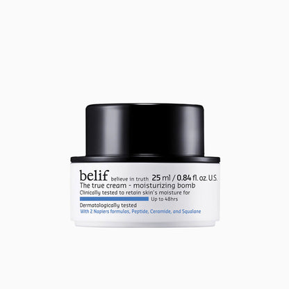 belif Moisturizing Bomb Cream with ceramides and peptides, vegan Korean face cream for barrier repair, shown in a jar with product label
