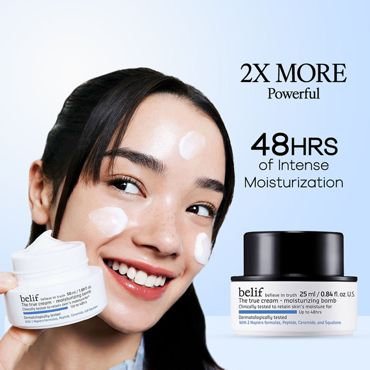 belif Moisturizing Bomb Cream vegan Korean face cream with ceramides and peptides for barrier repair, shown in a jar.