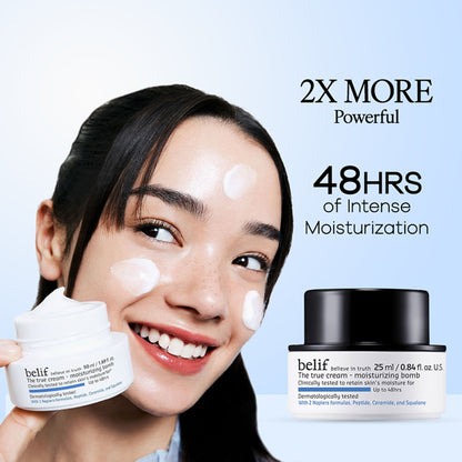 belif Moisturizing Bomb Cream vegan Korean face cream with ceramides and peptides for barrier repair, shown in a jar.