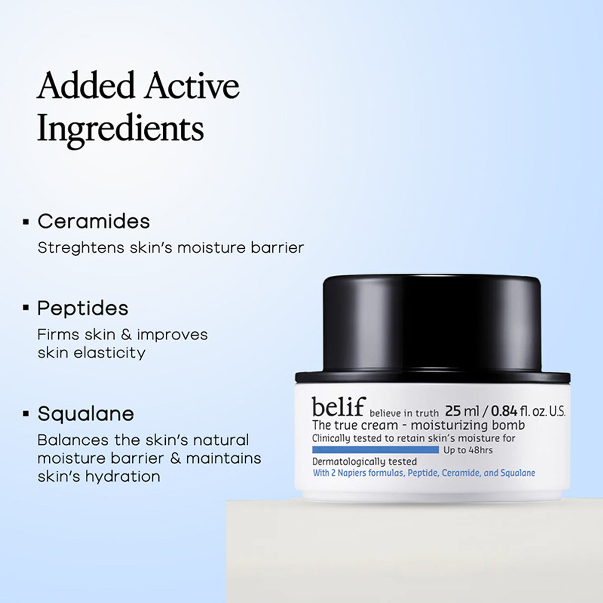 belif Moisturizing Bomb Cream vegan Korean face cream with ceramides and peptides for barrier repair, shown in a jar.